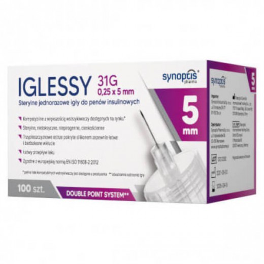 Iglessy Igły do penów insulinowych 0,25mm x 5mm, 31G, 100 sztuk