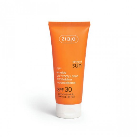 Ziaja Sopot Sun, Emulsja do twarzy i ciała wodoodporna, SPF 30 ochrona średnia UVA+UVB, IR, HEV, 100ml