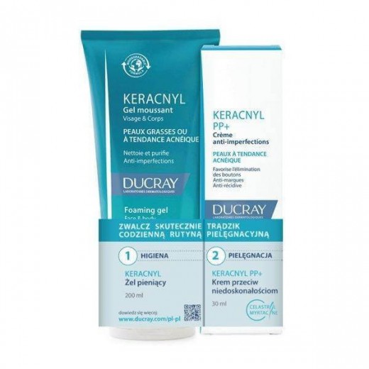 Ducray Keracnyl Zestaw: Żel pieniący, 200ml + Krem PP+, 30ml