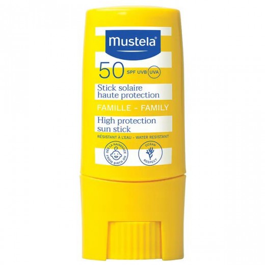 Mustela Sun Family, sztyft przeciwsłoneczny do wybranych części twarzy i ciała, od urodzenia, SPF 50, 9 ml