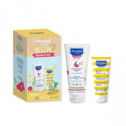Zestaw Mustela Sun Sensitive, mleczko nawilżające, 200 ml + mleczko przeciwsłoneczne, SPF 50+, 100 ml