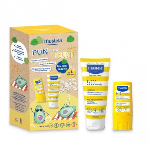 Zestaw Mustela Fun in the Sun, mleczko przeciwsłoneczne, SPF 50+, 100 ml + sztyft przeciwsłoneczny, 9 ml