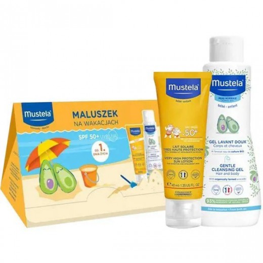 Zestaw Mustela Maluszek Na Wakacjach, mleczko przeciwsłoneczne, SPF 50+, 40 ml + żel do mycia, 100 ml