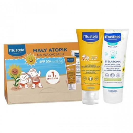 Zestaw Mustela, Mały atopik na wakacjach, mleczko przeciwsłoneczne SPF50 +, 40 ml + Stelatopia, balsam emolient, 40 ml