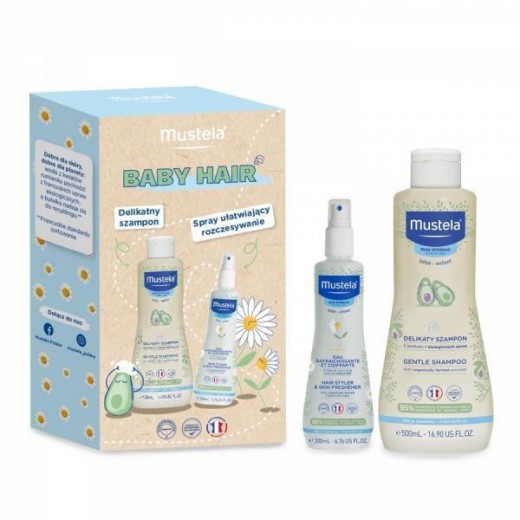 Mustela Zestaw Baby Hair, Delikatny szampon, 500ml + Odświeżający spray ułatwiający rozczesywanie, 200ml