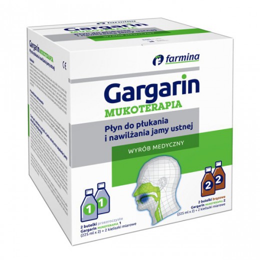 Gargarin Mukoterapia, płyn do płukania i nawilżania jamy ustnej, 4 x 225 ml