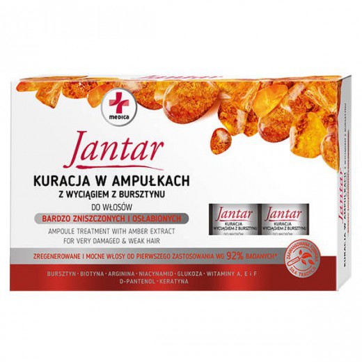 Jantar Medica, kuracja w ampułkach z wyciągiem z bursztynu do włosów bardzo zniszczonych i osłabionych, 5 x 5 ml