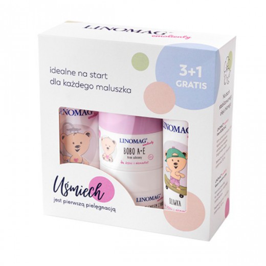 Linomag Zestaw Wyprawka, Żel do mycia, 200ml + Oliwka, 200ml + Krem BOBO A+E, 50ml + Krem z tlenkiem cynku, 50ml