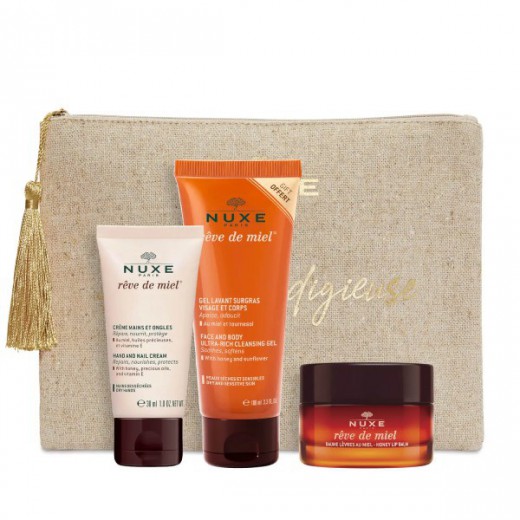 Nuxe Reve de Miel Zestaw z kosmetyczką, krem do rąk, 30 ml + żel do twarzy, 100 ml + balsam do ust, 15 g
