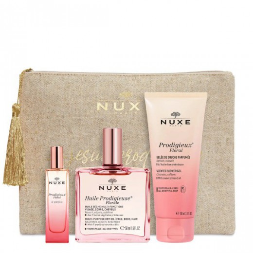 Nuxe Prodigieux Floral Zestaw z kosmetyczką, perfumy, 15 ml + suchy olejek, 50 ml + olejek pod prysznic, 100 ml