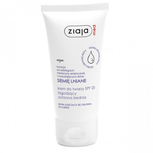 Ziaja Med Siemię Lniane, łagodzący krem do twarzy SPF 20, średnia ochrona, skóra łuszcząca się i skłonna do alergii, 50 ml