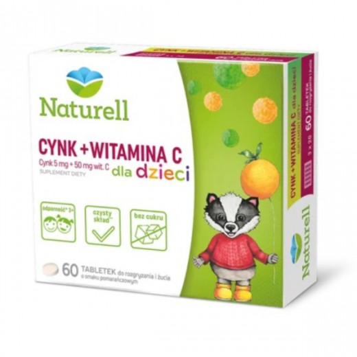 Naturell Cynk + Witamina C dla dzieci, smak pomarańczowy, 60 tabletek do rozgryzania i żucia