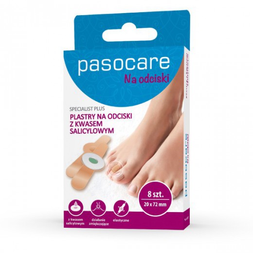 Pasocare Specialist Plus, plastry na odciski, z kwasem salicylowym, 20 mm x 72 mm, 8 sztuk