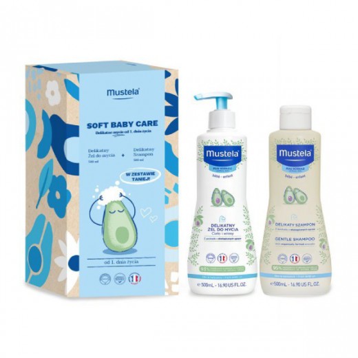 Zestaw Mustela Soft Baby Care Delikatne mycie od 1. dnia życia, Delikatny żel do mycia, 500ml + Delikatny szampon, 500ml