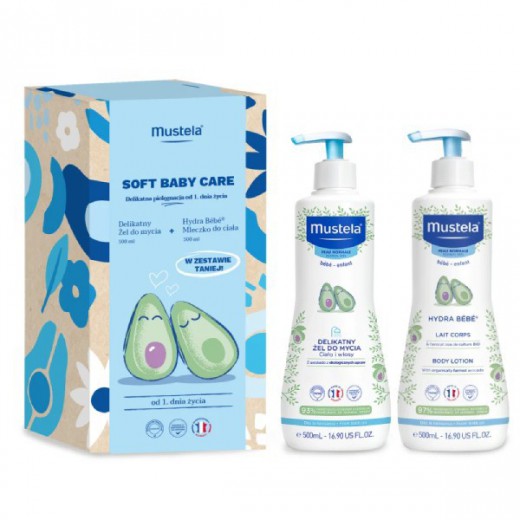 Zestaw Mustela Soft Baby Care, Delikatna pielęgnacja, Delikatny żel do mycia, 500 ml + Mleczko do ciała Hydra Babe, 500ml