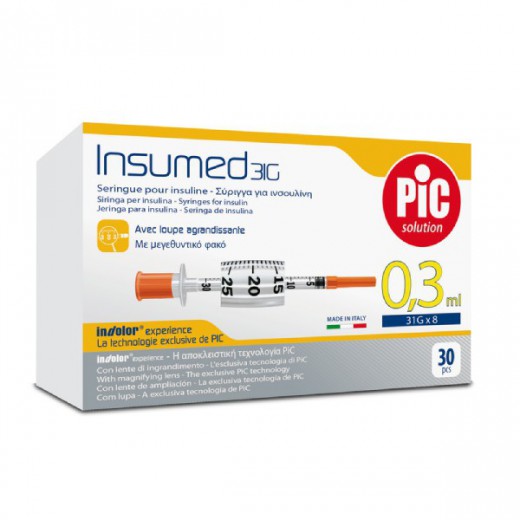 PIC Insumed, strzykawki insulinowe z powiększeniem, 0,3 ml, G31x 8mm, 30 sztuk