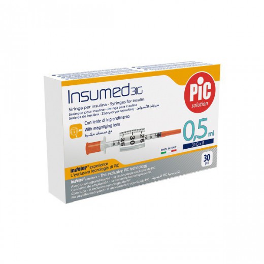 PIC Insumed, strzykawki insulinowe z powiększeniem, 0,5 ml, G31x 8mm, 30 sztuk