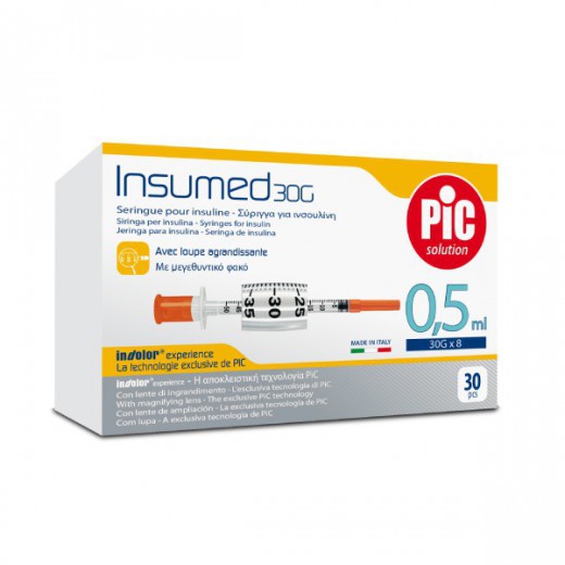 PIC Insumed, strzykawki insulinowe z powiększeniem, 0,5 ml, G30x 8mm, 30 sztuk