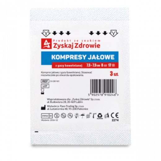 Zyskaj Zdrowie, Kompresy gazowe, jałowe, 17-nitkowe, 8-warstwowe, 7,5cm x 7,5cm, 3 sztuki