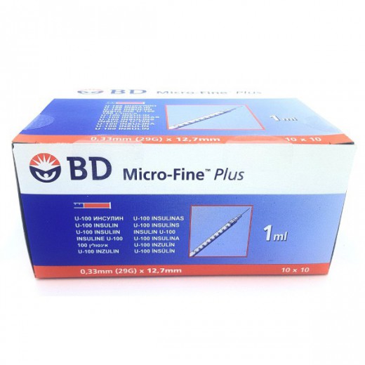 BD Micro-Fine Plus, Strzykawki insulinowe, 1 ml, U100, 0,33mm (29G) x 12,7mm, 100 sztuk