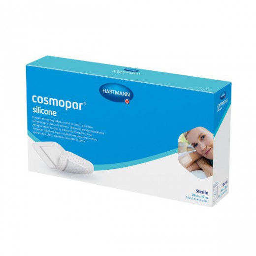 Cosmopor Silicone, opatrunek chłonny, samoprzylepny, jałowy, z silikonową warstwą kontaktową, 20 cm x 10 cm, 5 sztuk