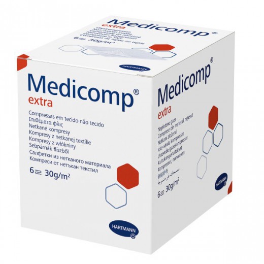 Medicomp Extra, kompresy jałowe, włókninowe, 6-warstwowe, 30 g/m2, 5 cm x 5 cm, 50 sztuk