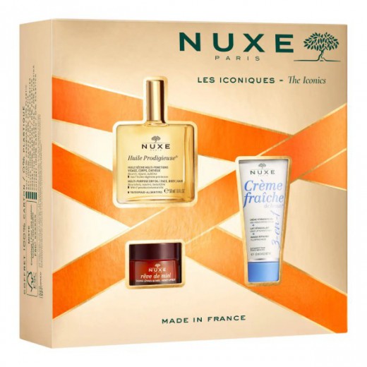 Zestaw Nuxe The Iconics, Prodigieuse, olejek, 50ml + Rêve de Miel, balsam do ust, 15g + Creme Fraiche, krem nawilżający, 30ml