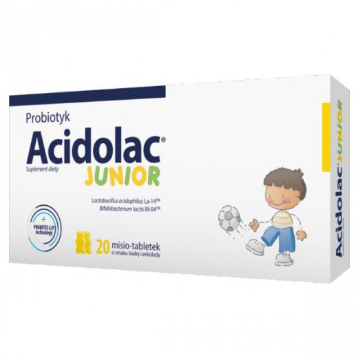 Acidolac Junior, dla dzieci od 3 lat, smak biała czekolada, 20 misio-tabletek