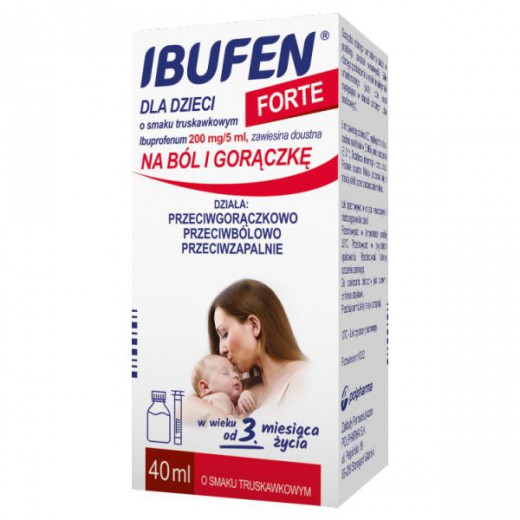Ibufen dla dzieci Forte o smaku truskawkowym 200 mg/ 5 ml, zawiesina dosutna od 3 miesiąca, 40 ml