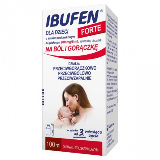 Ibufen dla dzieci Forte o smaku truskawkowym 200 mg/ 5 ml, zawiesina doustna od 3 miesiąca, 100 ml