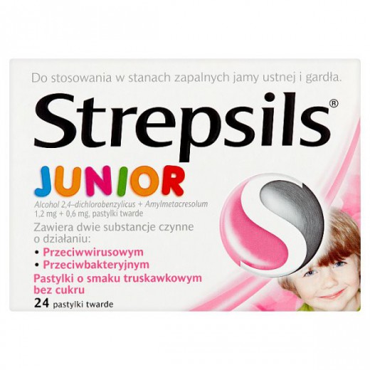 Strepsils Junior, pastylki truskawkowe do ssania, 24 sztuki