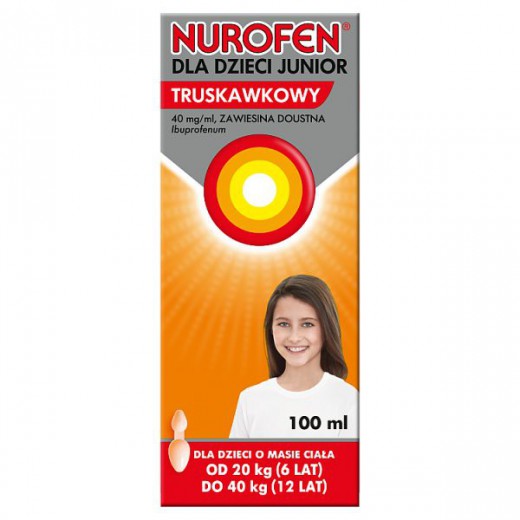 Nurofen Junior 40mg/ml, dla dzieci od 6 do 12 lat, smak truskawkowy, 100ml