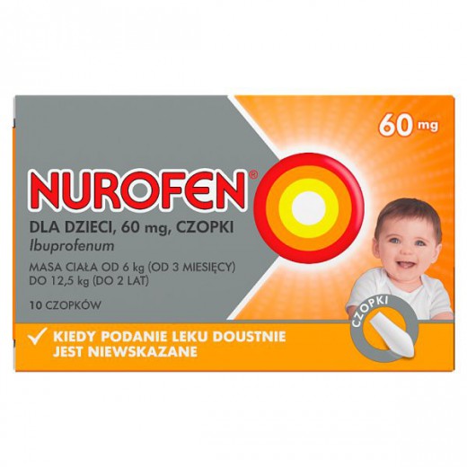 Nurofen 60mg, czopki dla dzieci od 3 miesiąca, 10 sztuk