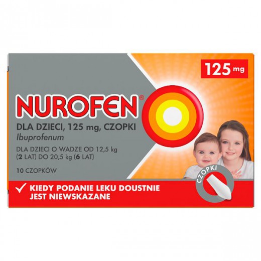 Nurofen 125mg, czopki dla dzieci od 2 roku życia, 10 sztuk