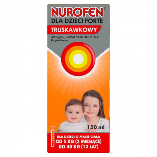 Nurofen dla dzieci Forte truskawkowy 40 mg/ ml, zawiesina doustna, od 3 miesiąca do 12 lat, 150 ml