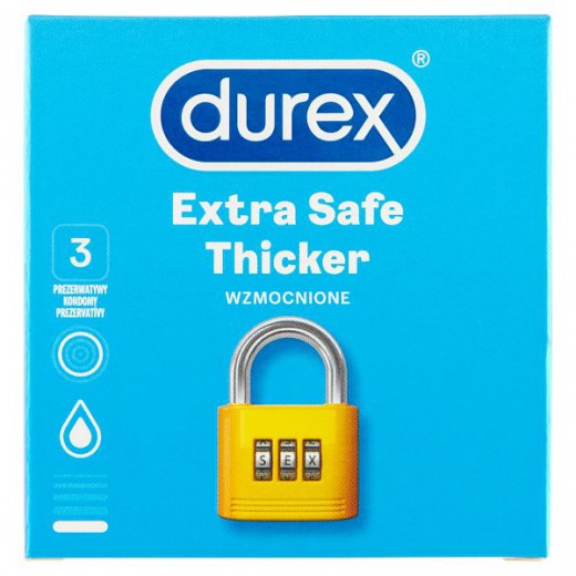 Durex Extra Safe, prezerwatywy z większą ilością lubrykantu, wzmocnione, 3 sztuki