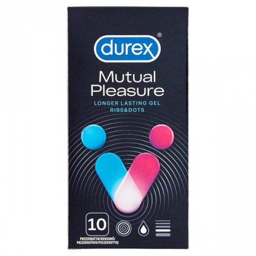 Durex Mutual Pleasure, prezerwatywy z lubrykantem przedłużającym stosunek, prążkowane z wypustkami, 10 sztuk