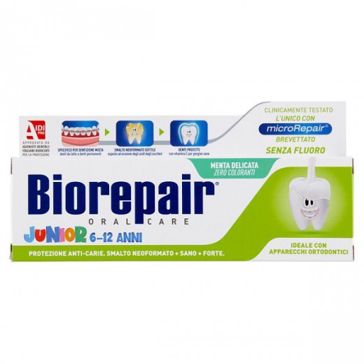 Biorepair Junior, pasta do zębów dla dzieci, bez fluoru, delikatna mięta, 6-12 lat, 75 ml