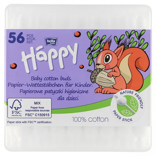 Bella Baby Happy, papierowe patyczki higieniczne dla dzieci, 56 sztuk