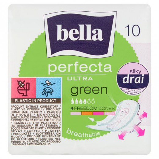 Bella Perfecta Ultra, podpaski higieniczne SilkyDrai ze skrzydełkami, Green, 10 sztuk