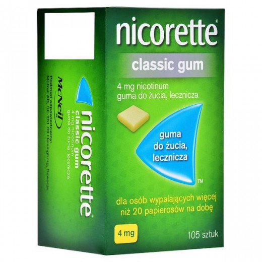 Nicorette Classic Gum 4 mg, guma do żucia lecznicza, 105 sztuk