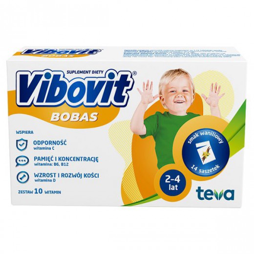 Vibovit Bobas, dla dzieci w wieku od 2 do 4 lat, smak waniliowy, 14 saszetek