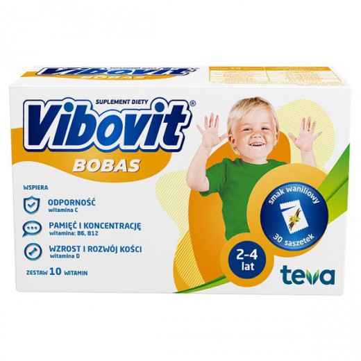 Vibovit Bobas, dla dzieci w wieku od 2 do 4 lat, smak waniliowy, 30 saszetek