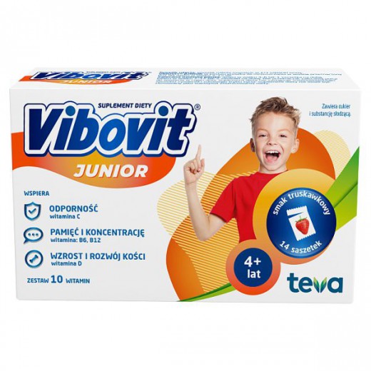 Vibovit Junior, dla dzieci w wieku 4-12 lat, smak truskawkowy, 14 saszetek