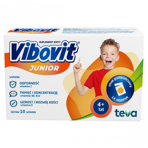 Vibovit Junior, dla dzieci w wieku 4-12 lat, smak pomarańczowy, 14 saszetek