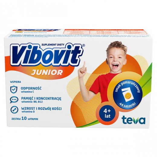 Vibovit Junior, dla dzieci 4-12 lat, smak pomarańczowy, 44 saszetki