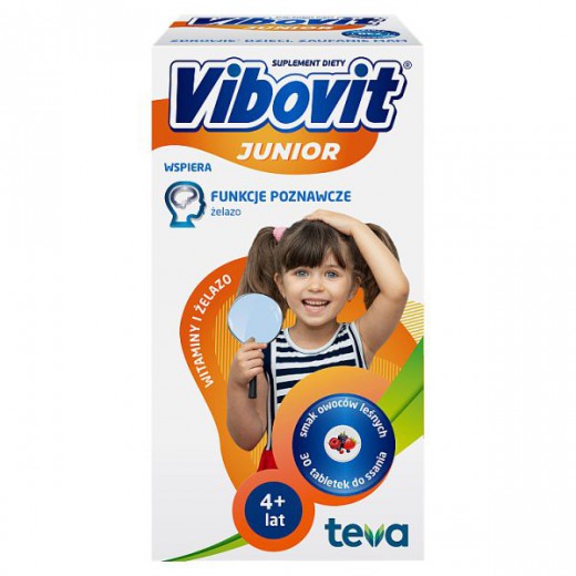 Vibovit Junior Witaminy i żelazo, dla dzieci po 4 roku życia, smak owoców leśnych, 30 tabletek