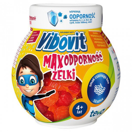 Vibovit Max Odporność Żelki, powyżej 4 lat, smak czarnego bzu, 50 sztuk
