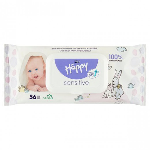 Bella Baby Happy, chusteczki nawilżane, aloes, Sensitive, 56 sztuk