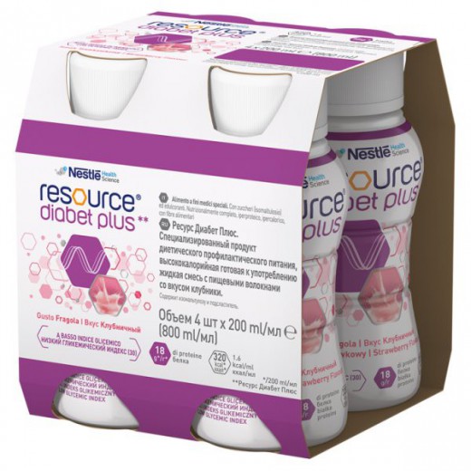 Resource Diabet Plus, smak truskawkowy, 4 x 200 ml